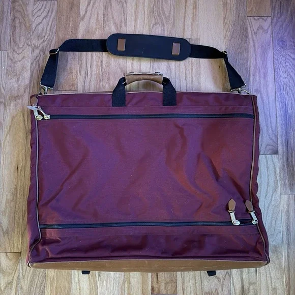 L.L. Bean Garment Bag Burgundy Tan Leather Accents Hanging Travel Bag Vintage